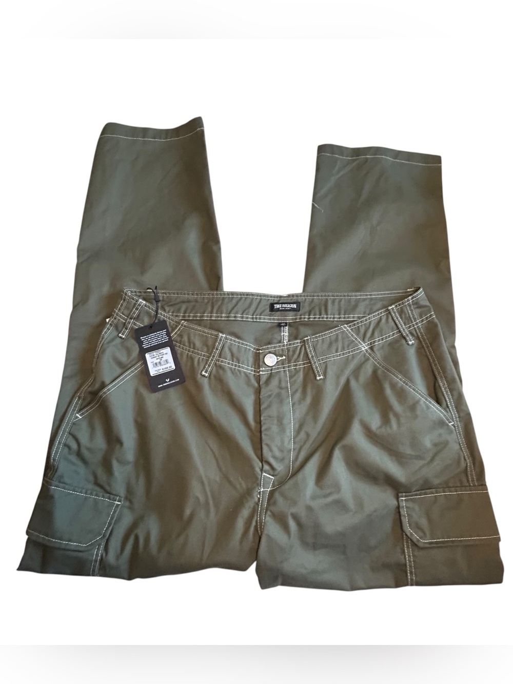 True Religion Men's Olive Cargo Pants with White Contrast Stitching